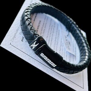 Handmade Greek Key Black Meander Leather Men's Stainless Steel Bracelet